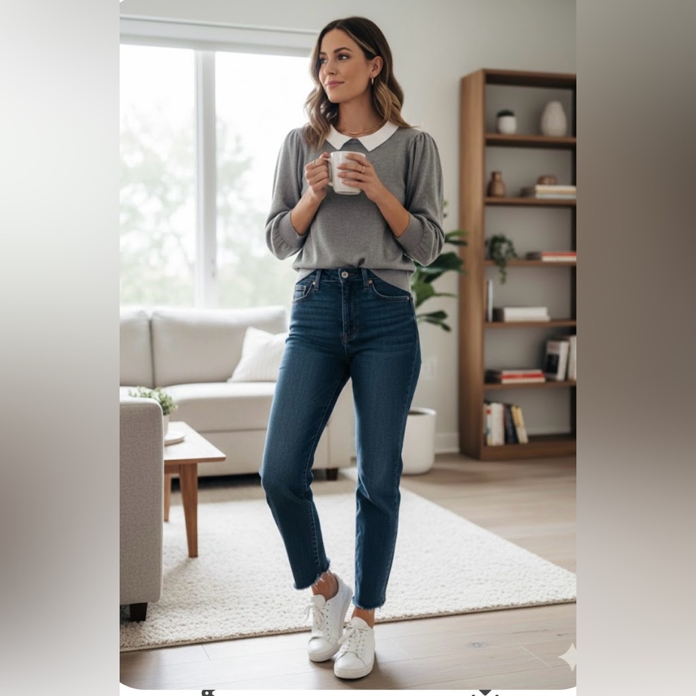 Zara Heather Gray Top with Cream Collar